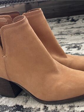 Lucky Brand Tan Leather Ankle Booties with Low Stacked Heel